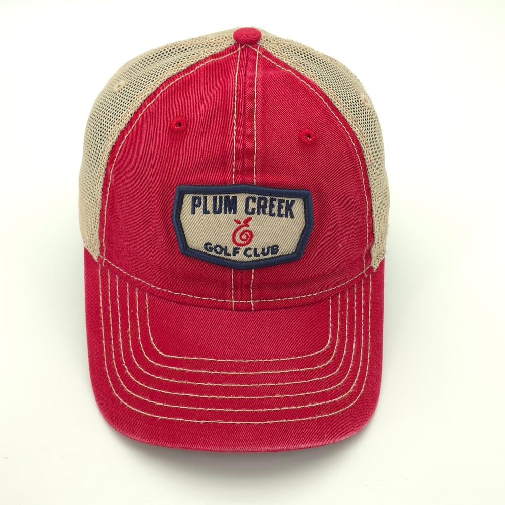 Ahead Plum Creek Golf Club Hat Cap Mens Snapback Red Tan Mesh Trucker Golfing